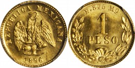 MEXICO. Peso, 1896(9/7)-Mo B. Mexico City Mint. PCGS MS-65 Gold Shield.

Fr-157; KM-410.5. Reported mintage of only 7,166 pieces. The "9" is punched...