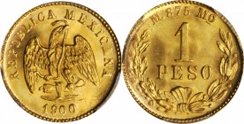 MEXICO. Peso, 1900-Mo M. Mexico City Mint. PCGS MS-65+ Gold Shield.

Fr-157; KM-410.5. Reported mintage of only 9,301 pieces with several varieties....