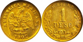 MEXICO. Peso, 1902-Mo M. Mexico City Mint. NGC MS-64.

Fr-157; KM-410.5. Large Date variety. Entirely impressive with vivid amber tone over both sid...