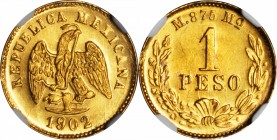 MEXICO. Peso, 1902-Mo M. Mexico City Mint. NGC MS-64.

Fr-157; KM-410.5. Large Date variety. From a mintage of 11,000 pieces (for all varieties). Ev...