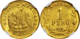 MEXICO. Peso, 1903-Mo M. Mexico City Mint. NGC MS-66.

Fr-157; KM-410.5. Small Date variety. Extremely lustrous and almost entirely blemish-free. On...