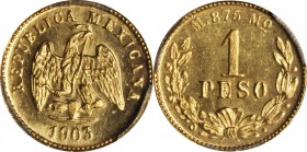 MEXICO. Peso, 1903-Mo M. Mexico City Mint. PCGS MS-64 Gold Shield.

Fr-157; KM-410.5. Reported mintage of only 10,000 pieces between small date and ...