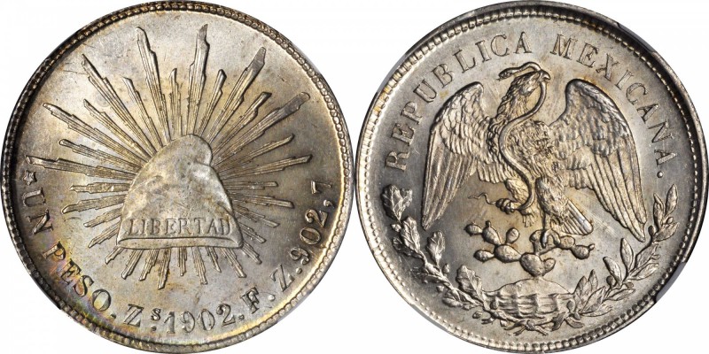 MEXICO. Peso, 1902-Zs FZ. Zacatecas Mint. NGC MS-64.

KM-409.3. Impressively s...