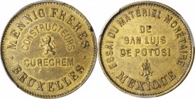 MEXICO. Brass Trial 25 Centavos, ND (1885). PCGS SP-58 Gold Shield.

8.50 gms. Dupriez-pg.377 #13; Buttrey-84. Struck in brass. Machine trial by the...