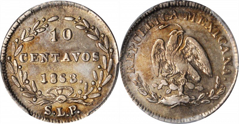 MEXICO. 10 Centavos, 1863-SLP. San Luis Potosi Mint. PCGS AU-55 Gold Shield.

...