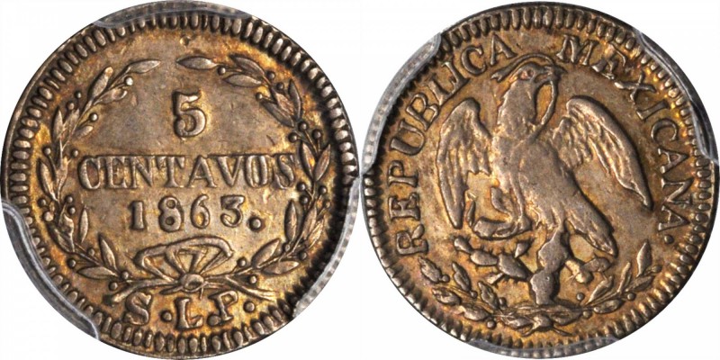 MEXICO. 5 Centavos, 1863-SLP. San Luis Potosi Mint. PCGS AU-53 Gold Shield.

K...