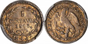 MEXICO. 5 Centavos, 1863-SLP. San Luis Potosi Mint. PCGS AU-53 Gold Shield.

KM-396.1. "Eagle and wreath" type. Lightly toned with considerable unde...