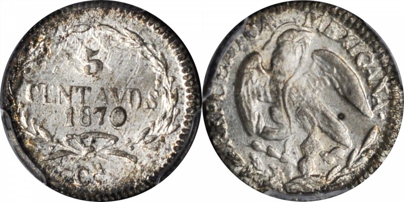 MEXICO. 5 Centavos, 1870-Ca. Chihuahau Mint. PCGS MS-65 Gold Shield.

KM-396. ...