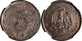 MEXICO. Aguascalientes. 5 Centavos, 1915. NGC MS-64 BN.

KM-604.1; GB-14; Gaytan-AGS-9. Tied for finest certified with one other example at NGC, non...