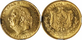 MONTENEGRO. 20 Perpera, 1910. NGC MS-62.

Fr-5; KM-11. Struck to commemorate the 50th year of the reign of Nicholas I. A bright yellow gold example ...
