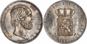 NETHERLANDS. 2-1/2 Gulden, 1874. PCGS MS-64.

KM-82. Sword in scabbard privy on reverse. An impressive near-Gem with satiny luster in the fields and...