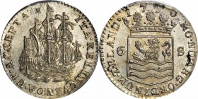 NETHERLANDS. Zeeland. 6 Stuivers Piefort, 1750. PCGS MS-64 Gold Shield.

cf.KM-P29. Well struck on a double thick planchet. Lovely satiny surfaces a...
