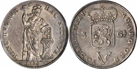NETHERLANDS EAST INDIES. 3 Gulden, 1786. Utrecht Mint. PCGS AU-53.

Dav-426; KM-140. Sharply struck with pale pastel iridescence in the fields.

F...