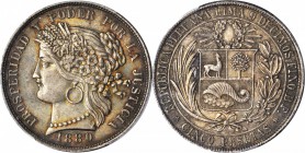 PERU. 5 Pesetas, 1880-BF. PCGS MS-63 Gold Shield.

KM-201.2. Dot after B below wreath. Boldly detailed for this often incomplete issue with a stunni...