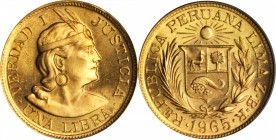 PERU. Libra, 1965-ZBR. PCGS MS-66 Gold Shield.

Fr-73; KM-207. Lustrous. Struck to the standard of a British Sovereign. 0.2354 troy oz AGW.