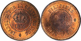 PHILIPPINES. 2 Centavos Pattern, 1859. PCGS SP-65 RB Gold Shield.

Basso-74; KM-Pn12. A real beauty. Sharply struck with copious amounts of blazing ...