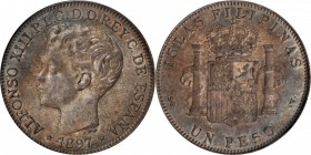 PHILIPPINES. Peso, 1897-SG V. PCGS AU-58.

KM-154; Basso-67; Cal-Type 32#81. Good strike, crisp details on the reverse coat of arms, and gray toning...