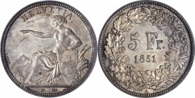 SWITZERLAND. 5 Franc, 1851-A. PCGS MS-62.

KM-11; HMZ-2-1197b; Divo-295. Sharply struck, toned and attractive.

From the Collection of Dr. James E...