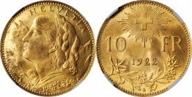 SWITZERLAND. 10 Franc, 1922-B. NGC MS-67.

Fr-504; KM-36; HMZ-2-1196g. Sparkling throughout with few mark and a perfect strike. Ideal quality for th...