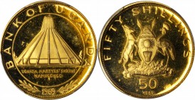UGANDA. 50 Shillings, 1969. PCGS PROOF-67 DEEP CAMEO Gold Shield.

Fr-4; KM-14. Mintage of only 4,390 pieces. For the Namugongo martyr's shrine. 0.1...