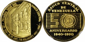 VENEZUELA. 50 Bolivares, 1990. NGC PROOF-69 ULTRA CAMEO.

Fr-15; Y-67. Struck for the 50th Anniversary of the Central Bank of Venezuela. Virtually f...