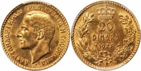 YUGOSLAVIA. 20 Dinara, 1925. PCGS Genuine--Cleaned, Unc Details Gold Shield.

Fr-3; KM-7. Brightly toned with very faint evidence of past cleaning o...