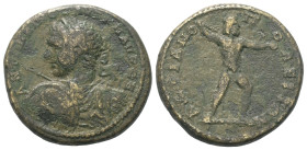 Thrakien. Hadrianopolis. Caracalla (197 - 217 n. Chr.).

 Bronze.
Vs: Büste mit Lorbeerkranz, Paludament, Panzer, Schild und Lanze links.
Rs: Zeus...