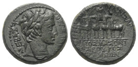 Phrygien. Apameia. Augustus (31 v. - 14 n. Chr.).

 Bronze.
Vs: Kopf des Augustus mit Lorbeerkranz rechts; im Feld links runder Gegenstempel mit Fü...