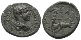 Pamphylien. Attaleia. Elagabalus (218 - 222 n. Chr.).

 Bronze.
Vs: Büste des Elagabal mit Lorbeerkranz, Paludament und Panzer rechts.
Rs: Helios ...
