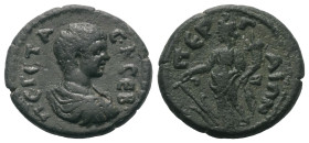 Pamphylien. Perge. Geta (209 - 211 n. Chr.).

 Bronze.
Vs: Büste des Geta mit Paludament und Panzer rechts.
Rs: Tyche mit Füllhorn und Ruder nach ...