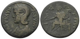 Pamphylien. Side. Iulia Paula (219 - 220 n. Chr.).

 Bronze.
Vs: Drapierte Büste mit Diadem links; auf Kopf runder Gegenstempel.
Rs: Tyche mit Nik...
