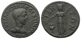 Pamphylien. Side. Hostilianus (251 n. Chr.).

 Bronze.
Vs: Büste mit Paludament und Panzer rechts.
Rs: Athena mit Palmzweig nach links stehend und...