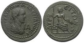 Kilikien. Lyrbe. Valerianus I. (253 - 260 n. Chr.).

 Bronze.
Vs: Büste mit Lorbeerkranz, Paludament und Panzer rechts, davor IA.
Rs: Zeus mit Bli...