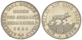 Anhalt-Bernburg. Alexander Carl (1834 - 1869).

 Taler (Silber). 1855 A.
Ausbeute.

Vs: Legende, Jahreszahl.
Rs: Bekrönter Bär auf Mauer nach re...