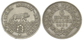 Anhalt-Bernburg. Alexander Carl (1834 - 1869).

 1/6 Taler (Silber). 1862 A. Berlin.
Vs: Bär auf Mauerzug nach rechts.
Rs: Wertbezeichnung im Kran...