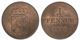 Bayern. Königreich (1806 - 1918). Ludwig I. (1825 - 1848).

 Pfennig (Kupfer). 1835. München.
Vs: Bekröntes Wappen.
Rs: Nominal und Jahreszahl.
...