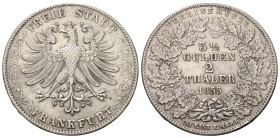 Frankfurt - Stadt.

 2 Vereinstaler (Silber). 1855. Frankfurt.
Vs: Bekrönter Adler.
Rs: Wertbezeichnung und Jahreszahl in Eichenkranz.

41 mm. 3...