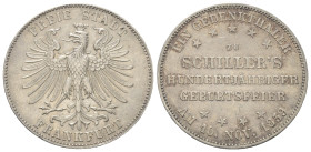 Frankfurt - Stadt.

 Taler. 1859.
Auf den 100. Geburtstag Schillers.

Vs: Gekrönter Adler.
Rs: Vierzeilige Legende.

33 mm. 18,45 g. 

Jaege...