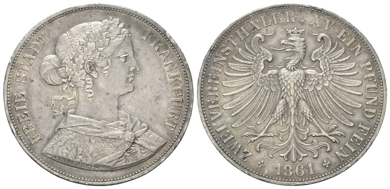 Frankfurt - Stadt.

 2 Vereinstaler (Silber). 1861.
Vs: Büste der Francofurti...