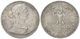 Frankfurt - Stadt.

 2 Vereinstaler (Silber). 1861.
Vs: Büste der Francofurtia rechts.
Rs: Bekrönter Adler.

41 mm. 37,03 g. 

Jaeger 43; AKS ...