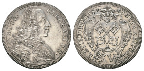 Regensburg - Reichsstadt. Zeit des österreichischen Erbfolgekrieges und des Kaisers Karl VII. (1740 - 1745).

 15 Kreuzer = 1/8 Reichstaler (Silber)...