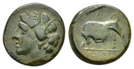 SICILY. Syracuse. Time of Hieron II(circa 275-265 BC).Ae.

Obv : Wreathed head of Kore to left.

Rev : Bull butting to left; club and Σ above, IE in e...