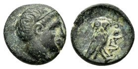 THRACE.Agathopolis.(Circa 250 BC).Ae.

Obv : Laureate head of Apollo to right.

Rev : AΓΑΘO.
Owl standing to right, head facing.
SNG Stancomb 18; SNG ...