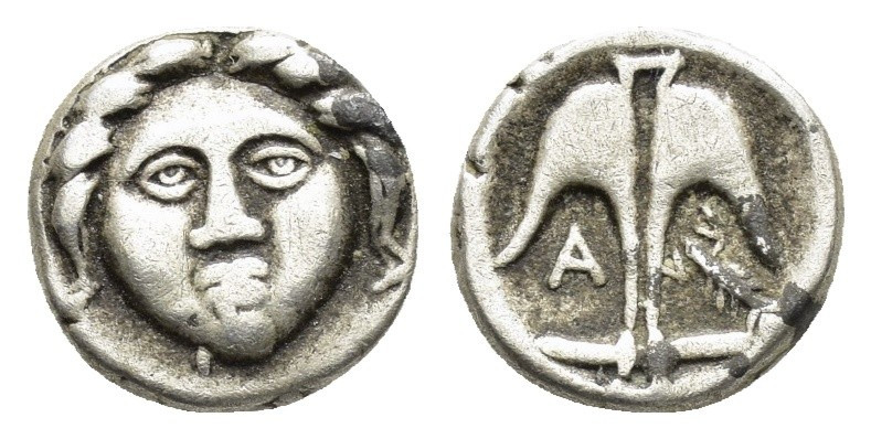 THRACE. Apollonia Pontika.(Circa 375-335 BC). Diobol.

Obv : Facing laureate hea...