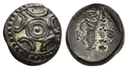 KINGS of MACEDON. Alexander III The Great.(336-323 BC).Miletos or Mylasa.Ae.

Obv : Macedonian shield.

Rev : K.
Bow in quiver, club and grain ear.
Pr...