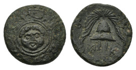 KINGS of MACEDON.Philip III Arrhidaios.(323-317 BC).Salamis.Ae.

Obv : Macedonian shield, with facing gorgoneion on boss.

Rev : B - A.
Helmet; double...