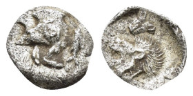 MYSIA.Kyzikos.(Circa 525-475 BC).Obol.

Obv : Forepart of boar left, behind, tunny fish.

Rev : Head of roaring lion to left within incuse square, fac...