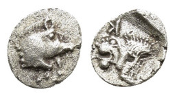 MYSIA.Kyzikos.(Circa 450-400 BC).Hemibol.

Obv : Forepart of boar left; to right, tunny upward.

Rev : Head of lion left; retrograde K to upper left; ...