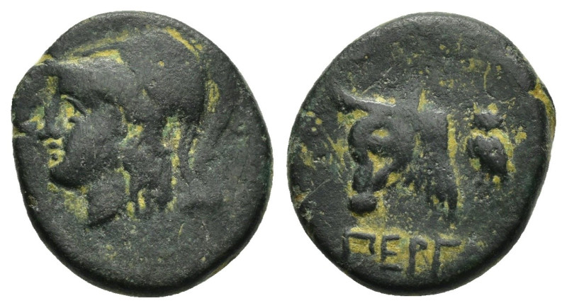 MYSIA. Pergamon.(310-282 BC).Ae.

Obv : Helmeted head of Athena left.

Rev : ΠΕΡ...