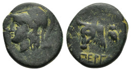 MYSIA. Pergamon.(310-282 BC).Ae.

Obv : Helmeted head of Athena left.

Rev : ΠΕΡΓΑ.
Forepart of bull left; to right, owl standing left, head facing.
S...
